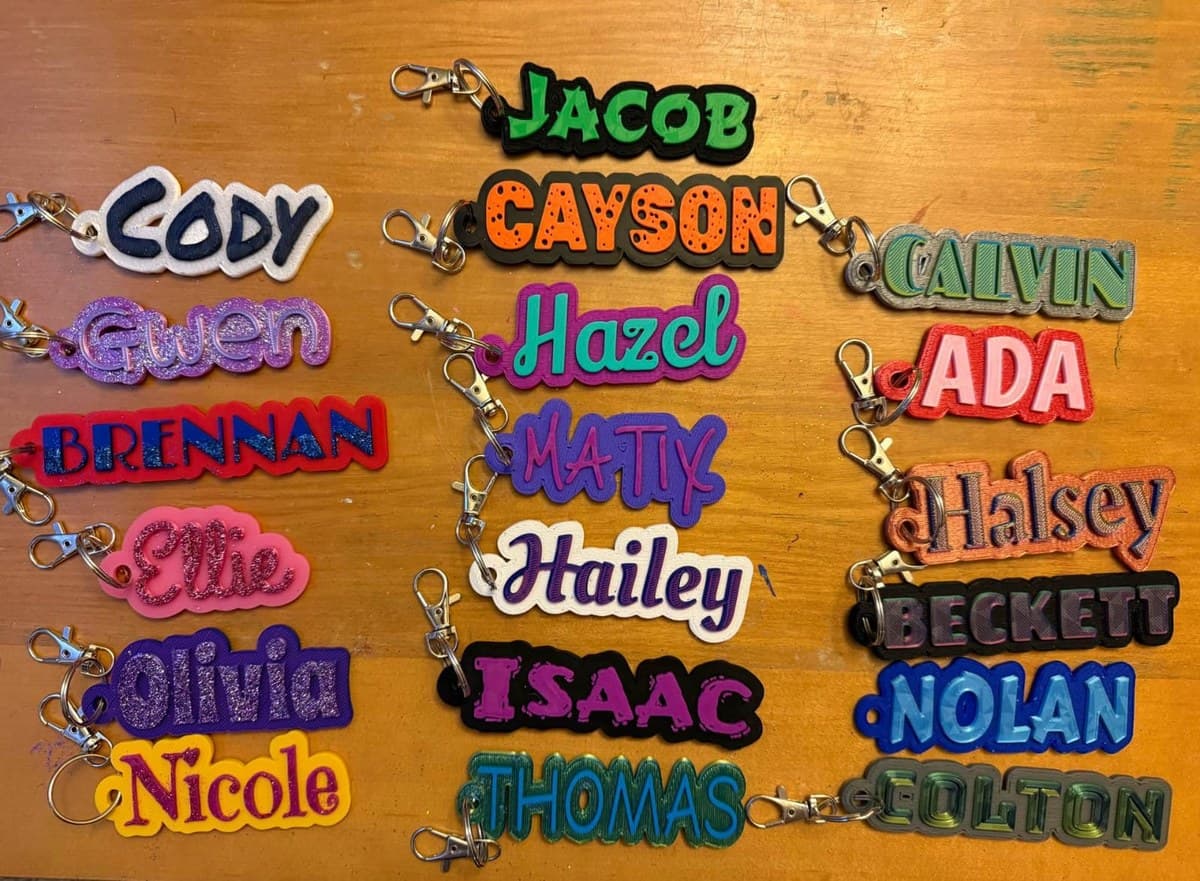 Collection of colorful custom name keychains — Jacob, Hazel, Olivia and more