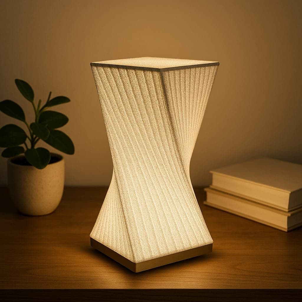 Twisted hourglass table lamp with sand texture and warm glow
