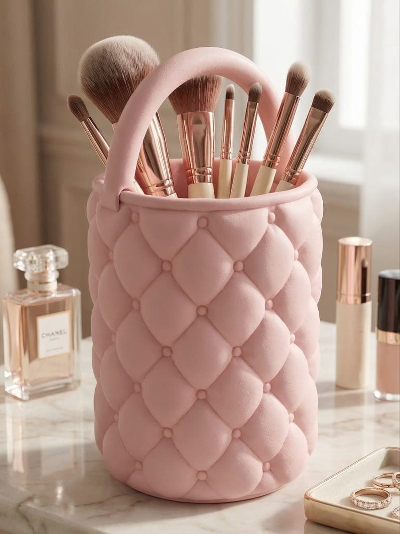 Pink quilted makeup brush holder with loop handle on marble vanity