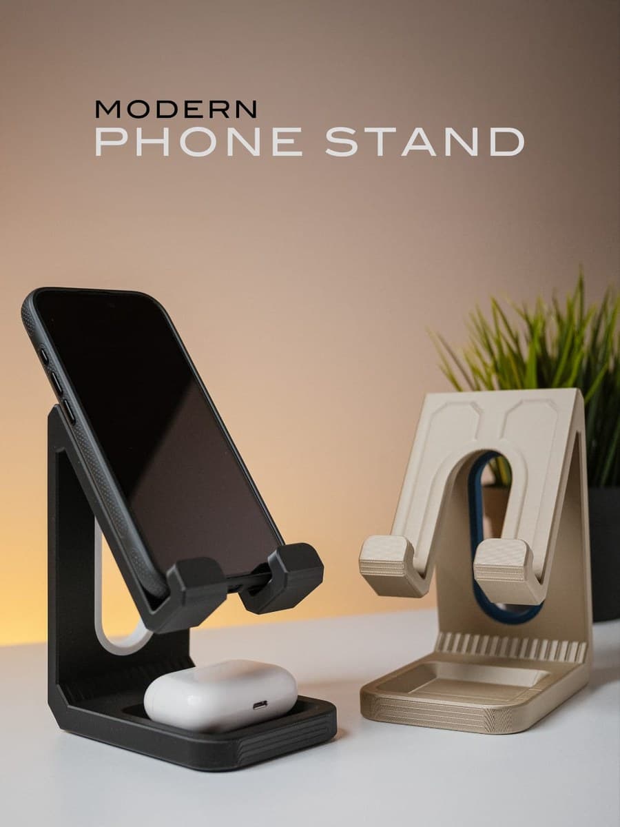 Modern minimalist phone stands in matte black and champagne gold